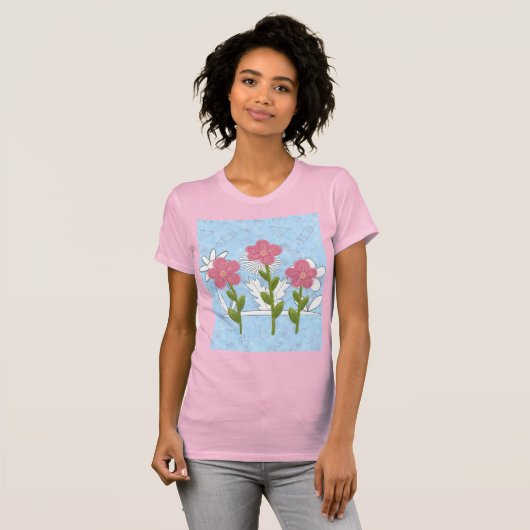 女性スケッチ着色フラワーシャツ Tシャツ (正面フル)