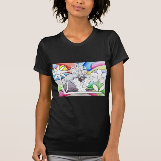 女性スケッチ着色花シャツ Tシャツ (正面)