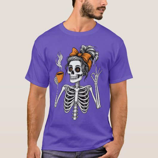 女性スケルトンコーヒー愛好家ハロウィンカボチャのスプー Tシャツ (正面)
