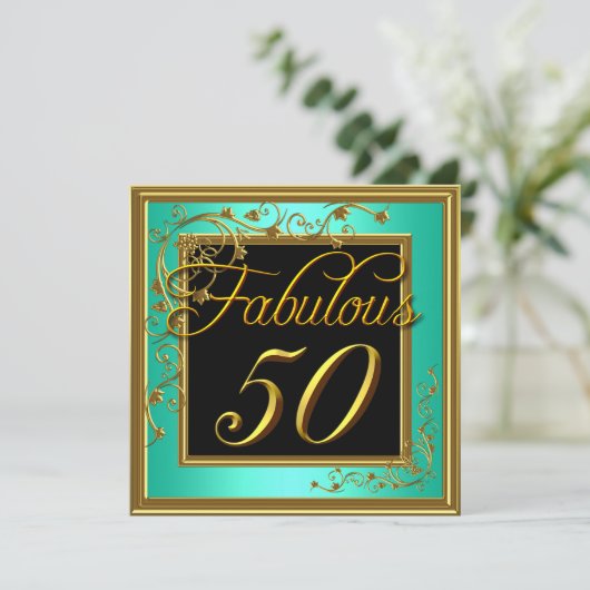女性スファブラス50thバースデーパーティーティール(緑がかった色)金ゴールド 招待状 (スタンド正面)