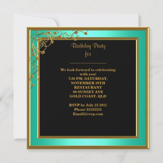 女性スファブラス50thバースデーパーティーティール(緑がかった色)金ゴールド 招待状 (裏面)