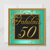 女性スファブラス50thバースデーパーティーティール（緑がかった色）金ゴールド 招待状 (正面)
