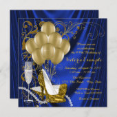 女性ス王室のブル金ゴールドグラムパールバースデーパーティー 招待状 (正面/裏面)