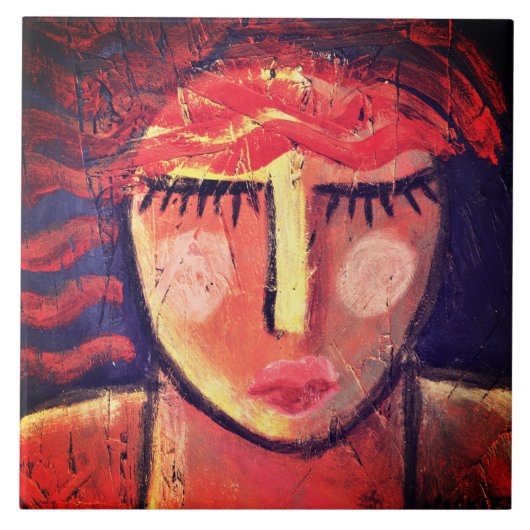 女性セラミックの波赤毛抽象芸術ポートレート タイル (正面)