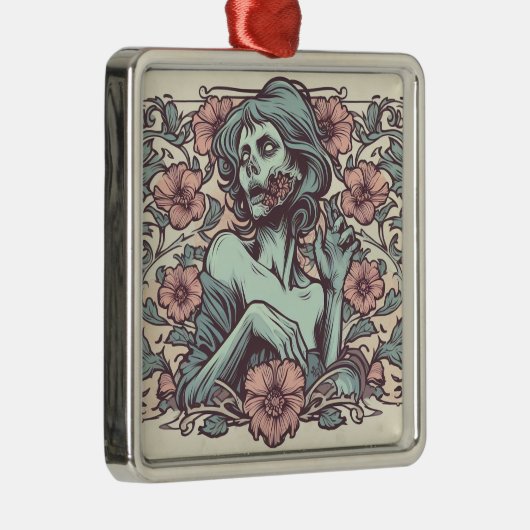 女性ゾンビアールヌーボーと花かわいらし メタルオーナメント (右)