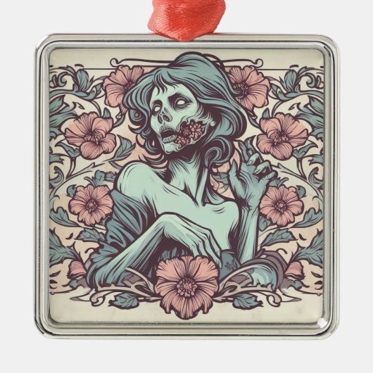 女性ゾンビアールヌーボーと花かわいらし メタルオーナメント (正面)