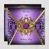 女性ダマスクパープル金ゴールドブラックバースデーパーティー 招待状 (正面/裏面)