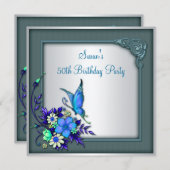 女性ティール（緑がかった色）パープルバタフライ50thバースデーパーティー 招待状 (正面/裏面)