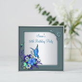 女性ティール（緑がかった色）パープルバタフライ50thバースデーパーティー 招待状 (スタンド正面)