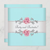 女性ティール(緑がかった色)ピンクロエレガントーズ40th誕生日パーティー 招待状 (正面/裏面)