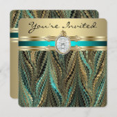 女性ティール(緑がかった色)ブルーと金ゴールド誕生日パーティー 招待状 (正面/裏面)