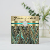 女性ティール(緑がかった色)ブルーと金ゴールド誕生日パーティー 招待状 (スタンド正面)