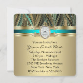 女性ティール(緑がかった色)ブルーと金ゴールド誕生日パーティー 招待状 (裏面)