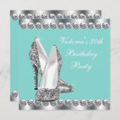 女性ティール（緑がかった色）ブルーバースデーパーティー 招待状 (正面/裏面)