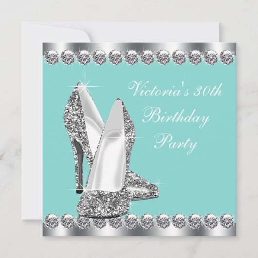 女性ティール（緑がかった色）ブルーバースデーパーティー 招待状 (正面)