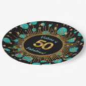 女性ティール（緑がかった色）ブルー金ゴールド50th誕生日パーティー ペーパープレート (アングル)