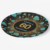 女性ティール(緑がかった色)ブルー金ゴールド60th誕生日パーティー ペーパープレート (アングル)