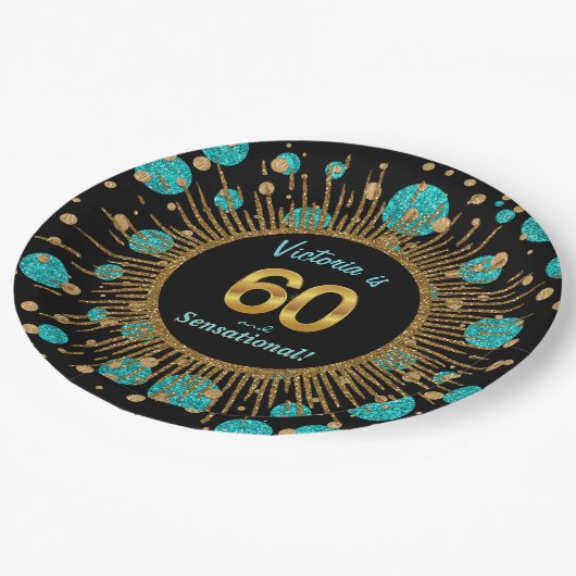 女性ティール(緑がかった色)ブルー金ゴールド60th誕生日パーティー ペーパープレート (アングル)