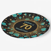 女性ティール（緑がかった色）ブルー金ゴールド70th誕生日パーティー ペーパープレート (アングル)