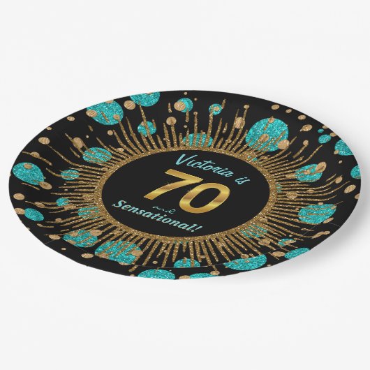 女性ティール(緑がかった色)ブルー金ゴールド70th誕生日パーティー ペーパープレート (アングル)