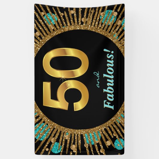 女性ティール（緑がかった色）金ゴールド50th誕生日バナー 横断幕 (縦)