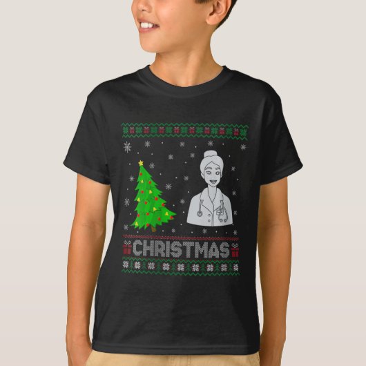 女性ナース開業医クリスマスツリー照明醜い Tシャツ (正面)
