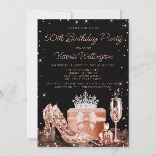 女性バラ金ゴールド任意の数誕生日パーティー 招待状 (正面)