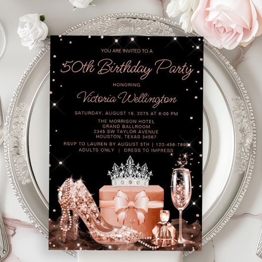 女性バラ金ゴールド任意の数誕生日パーティー 招待状