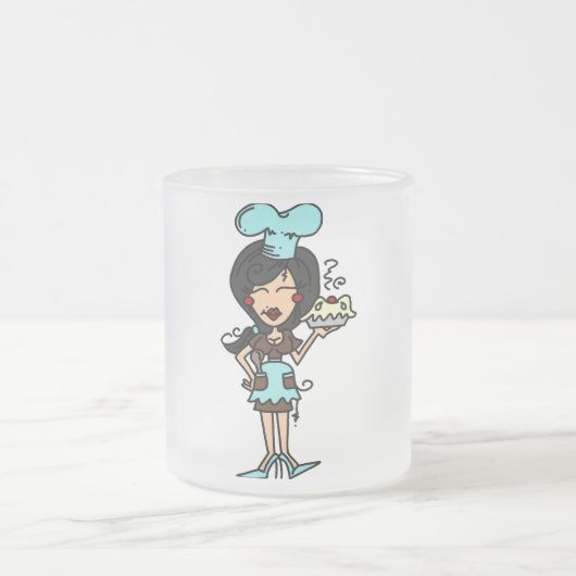 女性パティシシェフ – 黒髪Tシャツとギフト フロストグラスマグカップ (中央)