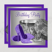 女性パープルシルバーハイヒールバースデーパーティー 招待状 (正面/裏面)