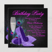 女性パープルピーコックバースデーパーティー 招待状 (正面/裏面)
