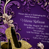 女性パープル金ゴールドシューバースデーパーティー 招待状