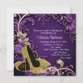 女性パープル金ゴールドシューバースデーパーティー 招待状 (正面)