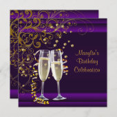 女性パープル金ゴールド誕生日パーティー 招待状 (正面/裏面)