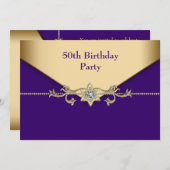 女性パープル金ゴールド50th誕生日パーティー 招待状 (正面/裏面)