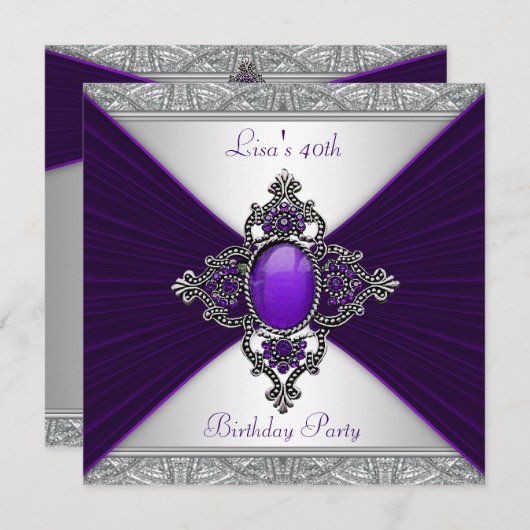 女性パープル40th誕生日パーティー 招待状 (正面/裏面)