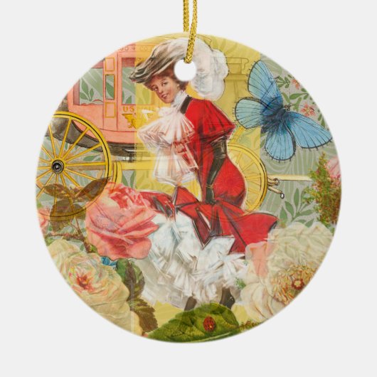 女性ビクトリアンおもしろい車 セラミックオーナメント (正面)