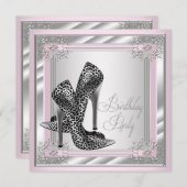 女性ピンクとグレーの誕生日パーティー 招待状 (正面/裏面)