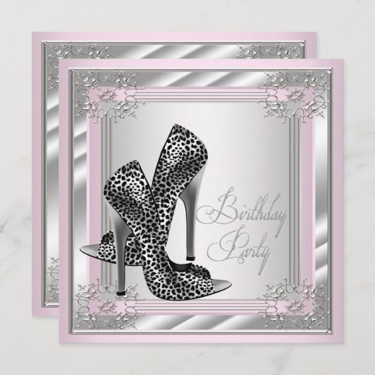 女性ピンクとグレーの誕生日パーティー 招待状 (正面/裏面)