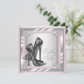 女性ピンクとグレーの誕生日パーティー 招待状 (スタンド正面)