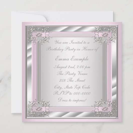 女性ピンクとグレーの誕生日パーティー 招待状 (裏面)