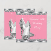 女性ピンクとシルバーの誕生日パーティー 招待状 (正面/裏面)