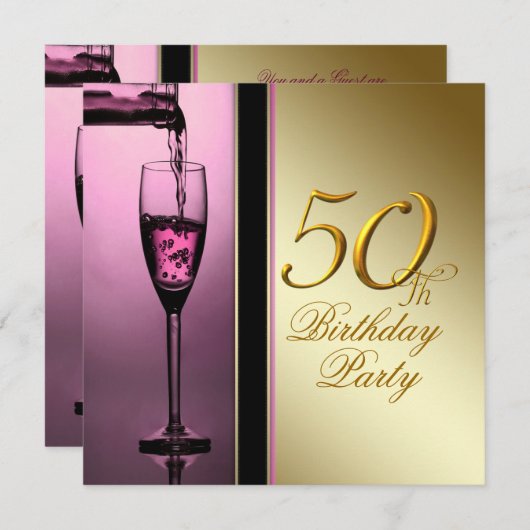 女性ピンクと金ゴールド50th誕生日パーティー 招待状 (正面/裏面)