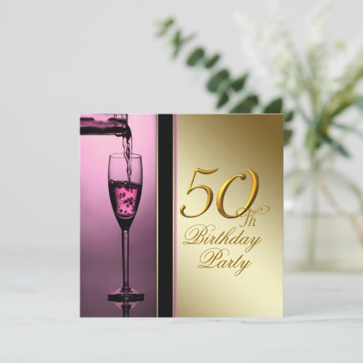 女性ピンクと金ゴールド50th誕生日パーティー 招待状 (スタンド正面)