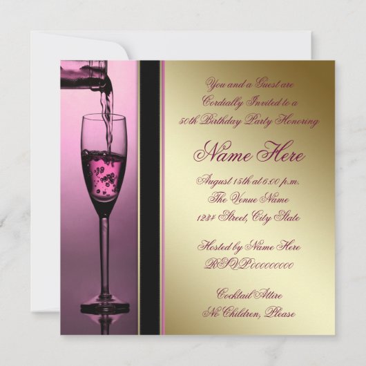 女性ピンクと金ゴールド50th誕生日パーティー 招待状 (裏面)
