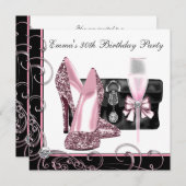 女性ピンクと黒の誕生日パーティー 招待状 (正面/裏面)