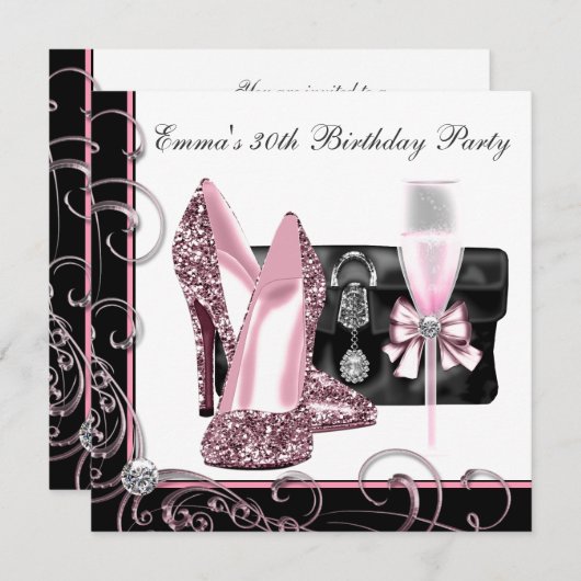 女性ピンクと黒の誕生日パーティー 招待状 (正面/裏面)