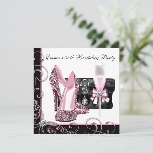 女性ピンクと黒の誕生日パーティー 招待状 (スタンド正面)