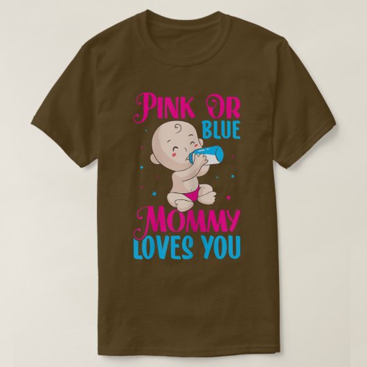 女性ピンクまたは青のママがあなたを愛する – ママになる Tシャツ (デザイン正面)