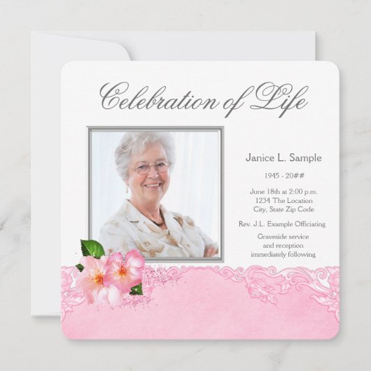 女性ピンクフォトメモリアルのお知らせ 招待状 (正面)